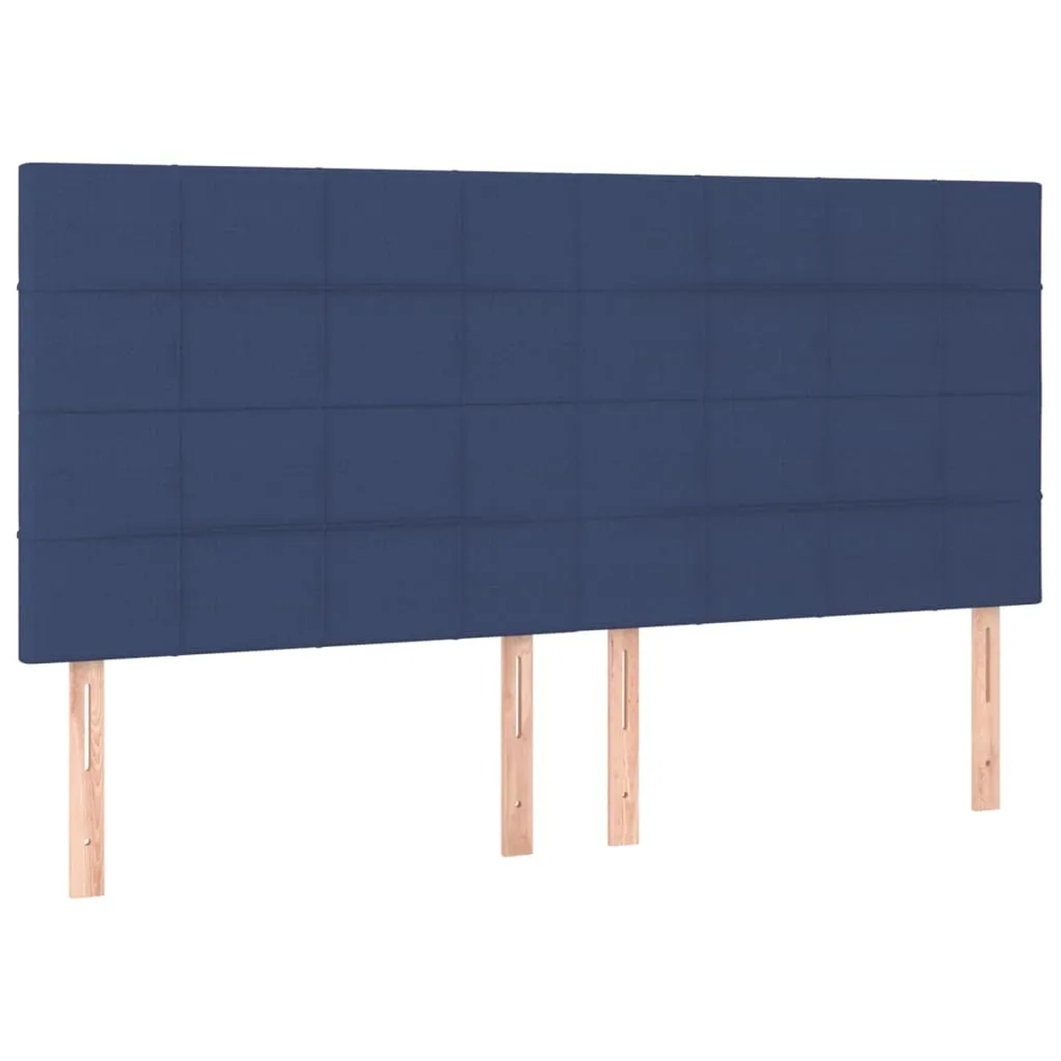 Blaues Boxspringbett mit Matratze, Stoffbezug, 180x200 cm. Gepolstertes Kopfteil mit Holzfüßen.