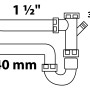 Skizze eines weißen Doppel-Spültisch-Röhrensiphons mit Geräteanschluss und den Maßen 44,9 mm (1 1/2 IG) x 40 mm.