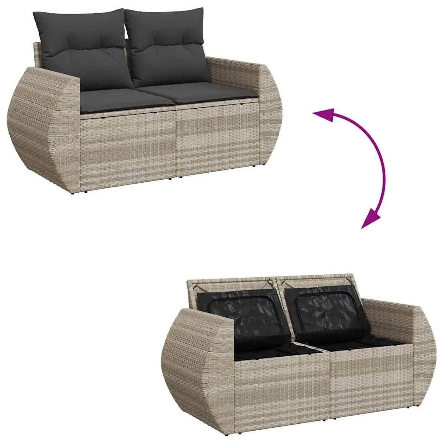 Hellgraue 6-tlg. Garten-Sofagarnitur aus Polyrattan mit Kissen und Stauraum.
