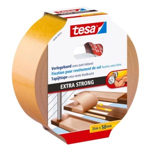 Tesa Verlegeband extra stark klebend, 25m x 50mm, in Verpackung. Beige, doppelseitig, für Teppich- & Bodenbelagsfixierung.