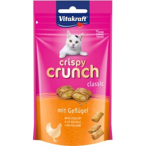 Vitakraft Crispy Crunch Geflügel, 60g: Knusprige Katzenleckerlies mit Geflügelfüllung im pinken Beutel.