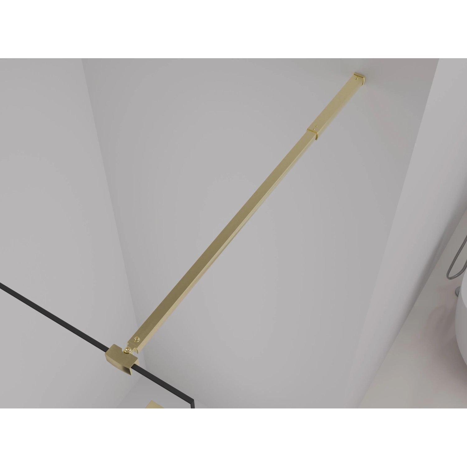 Detailaufnahme der goldenen Stabilisationsstange der baliv Duschwand Walk-In.