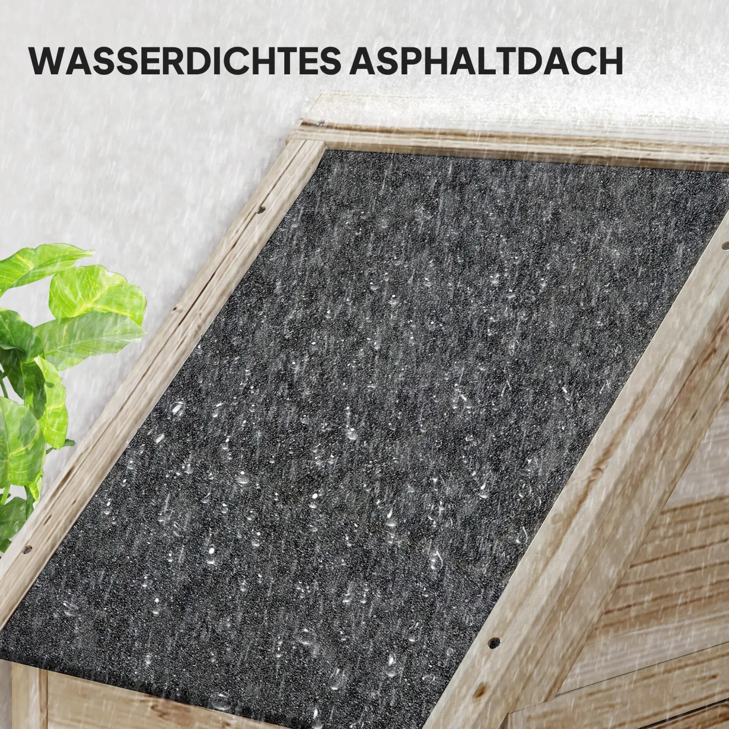 Detailaufnahme: Wasserdichtes Asphalt-Dach des Outsunny Gartenschranks aus Tannenholz.