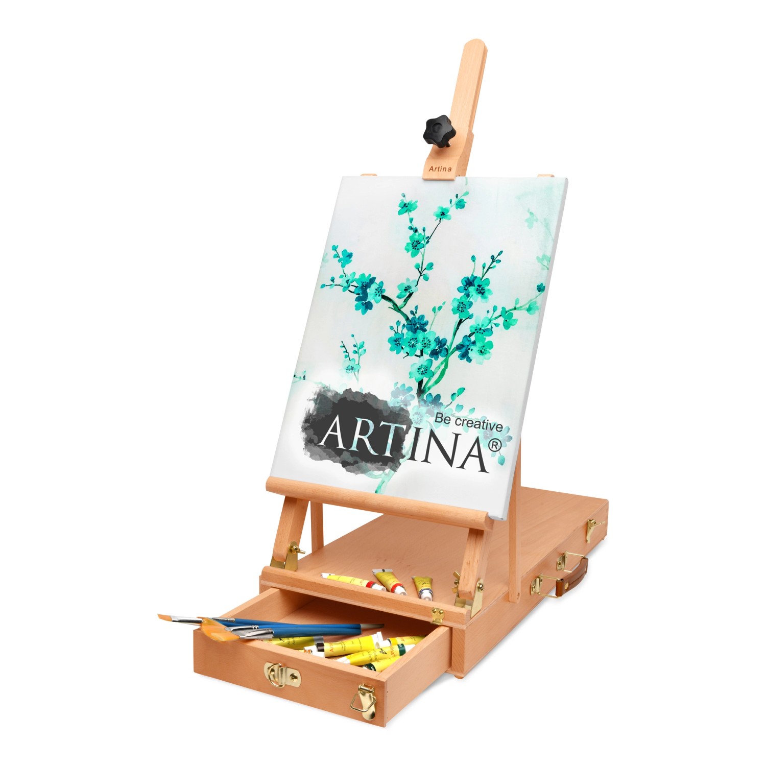 Artina Le Mans Staffelei aus Buche mit Farben und Pinsel in Schublade. Tischstaffelei für Künstler.