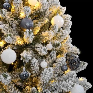Detailaufnahme: Künstlicher, klappbarer Weihnachtsbaum (300 cm) mit LED-Lichtern und weißen/grauen Kugeln.