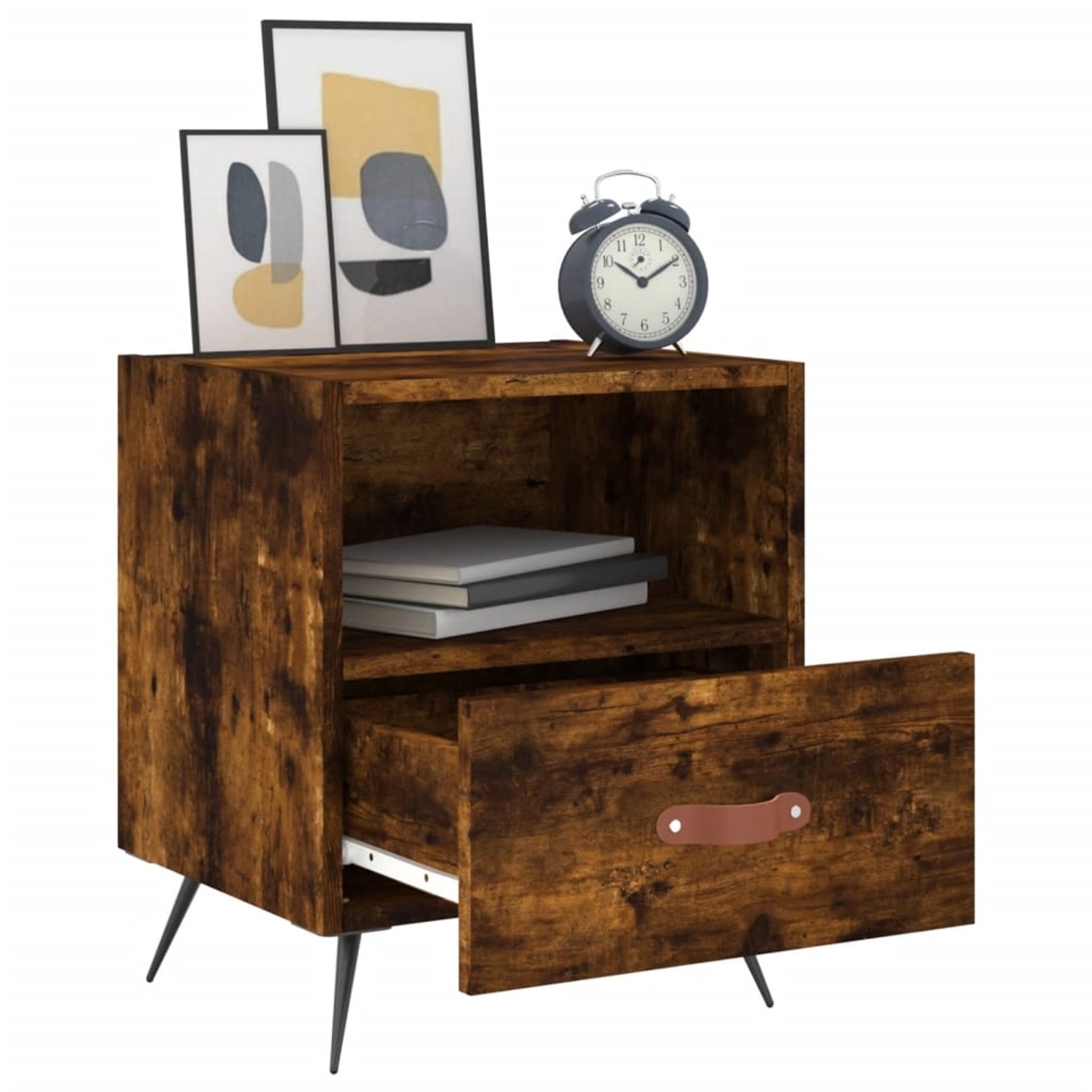 vidaXL Nachttisch Räuchereiche mit Schublade und Fach, Holzwerkstoff auf Metallfüßen.