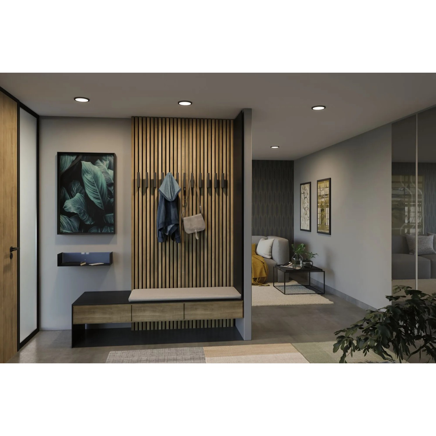 Schwarzes Paulmann LED Einbaupanel Areo VariFit (11,8 cm) in modernem Flur mit Garderobe.