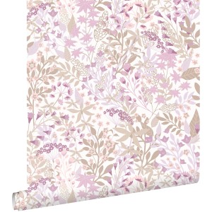 ESTAhome Vliestapete mit Feldblumenmuster in Violett, Rosa und Graugrün. Dekorative Tapete für botanischen Look.