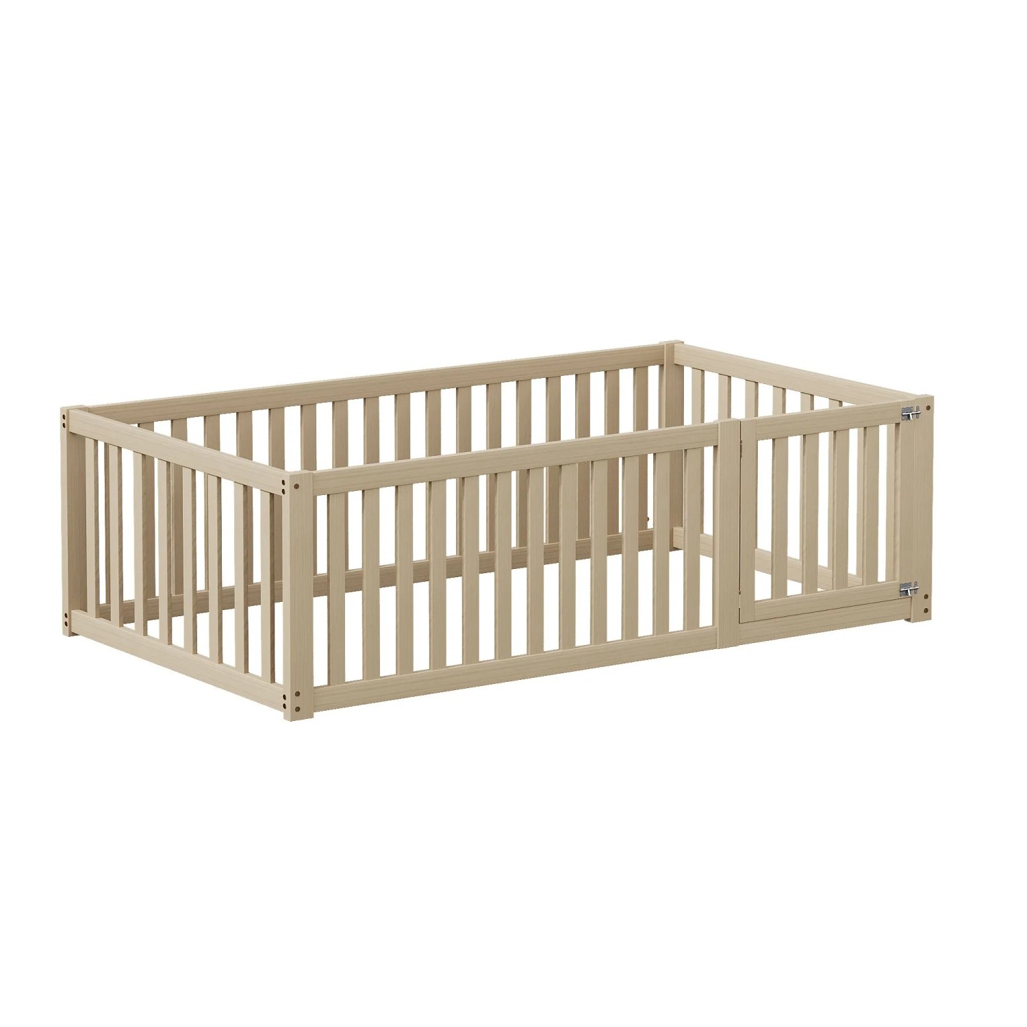 KOMHTOM Kinderbett 90x200Cm Holzboden Bettrahmen Mit Zaun Und Tür Natural Ohne Matratze