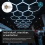 Modulare LED Deckenleuchte in Sechseck-Form, kaltweiß, für Garage & Werkstatt. Individuell erweiterbar.