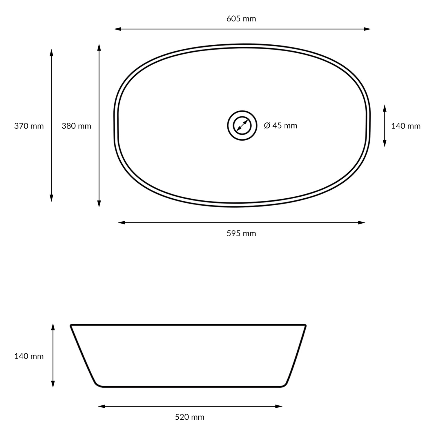 Technische Zeichnung: ECD Germany Waschbecken, 605x380x140 mm, Keramik, mit Ablaufgarnitur. Abmessungen des Handwaschbeckens.