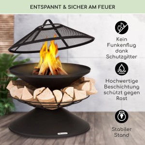 Schwarze Blumfeldt Aguilera Feuerschale mit Grill und Holzlager aus Stahl, Durchmesser 65 cm.