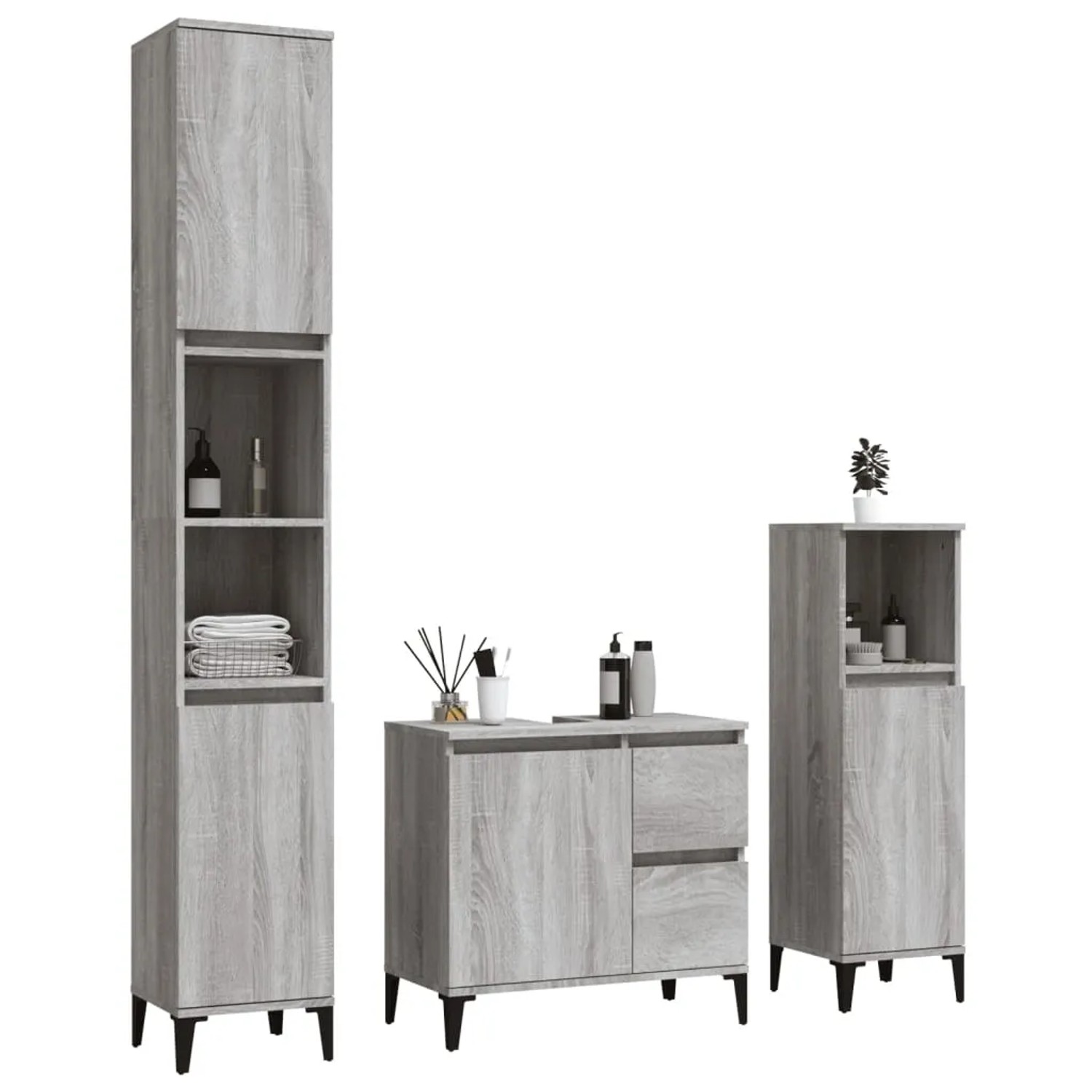 vidaXL Badmöbel-Set, 3-teilig, Grau Sonoma Holzwerkstoff, mit Waschbeckenunterschrank und zwei Hochschränken.