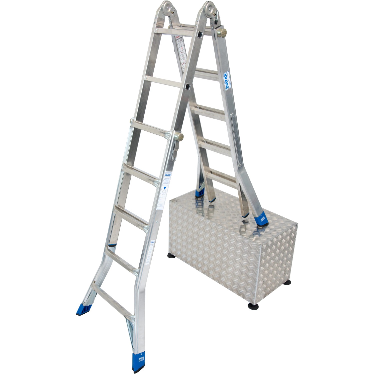 Krause Stabilo Gelenk-Teleskop-Leiter, 4x5 Sprossen, als Anlegeleiter oder Stehleiter auf einem Podest.