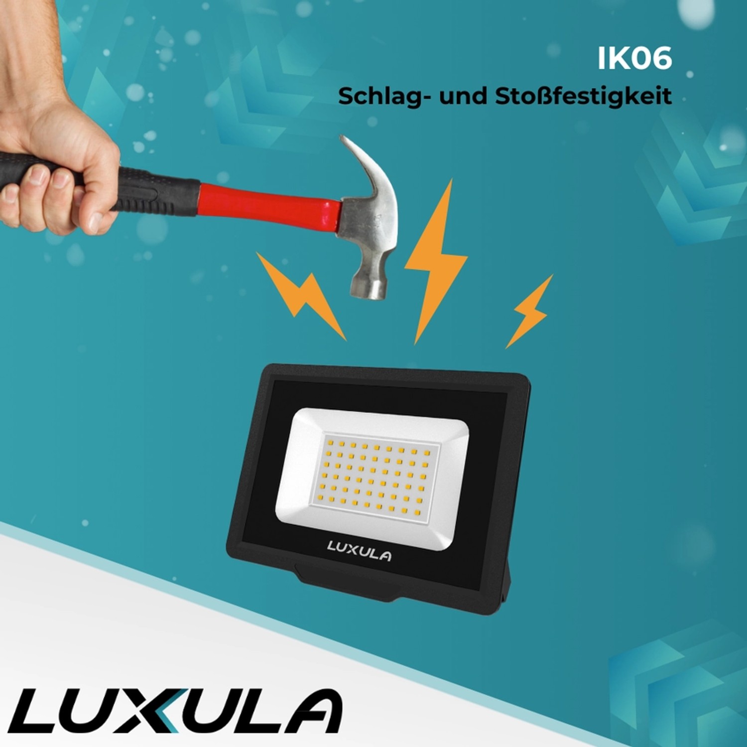 Schlagfester LUXULA LED Fluter 50W: Hammer-Test für Robustheit des schwarzen Außenstrahlers.