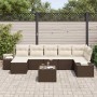 7-teiliges Garten-Sofaset aus Poly Rattan in Grau mit beigen Kissen und Tisch.