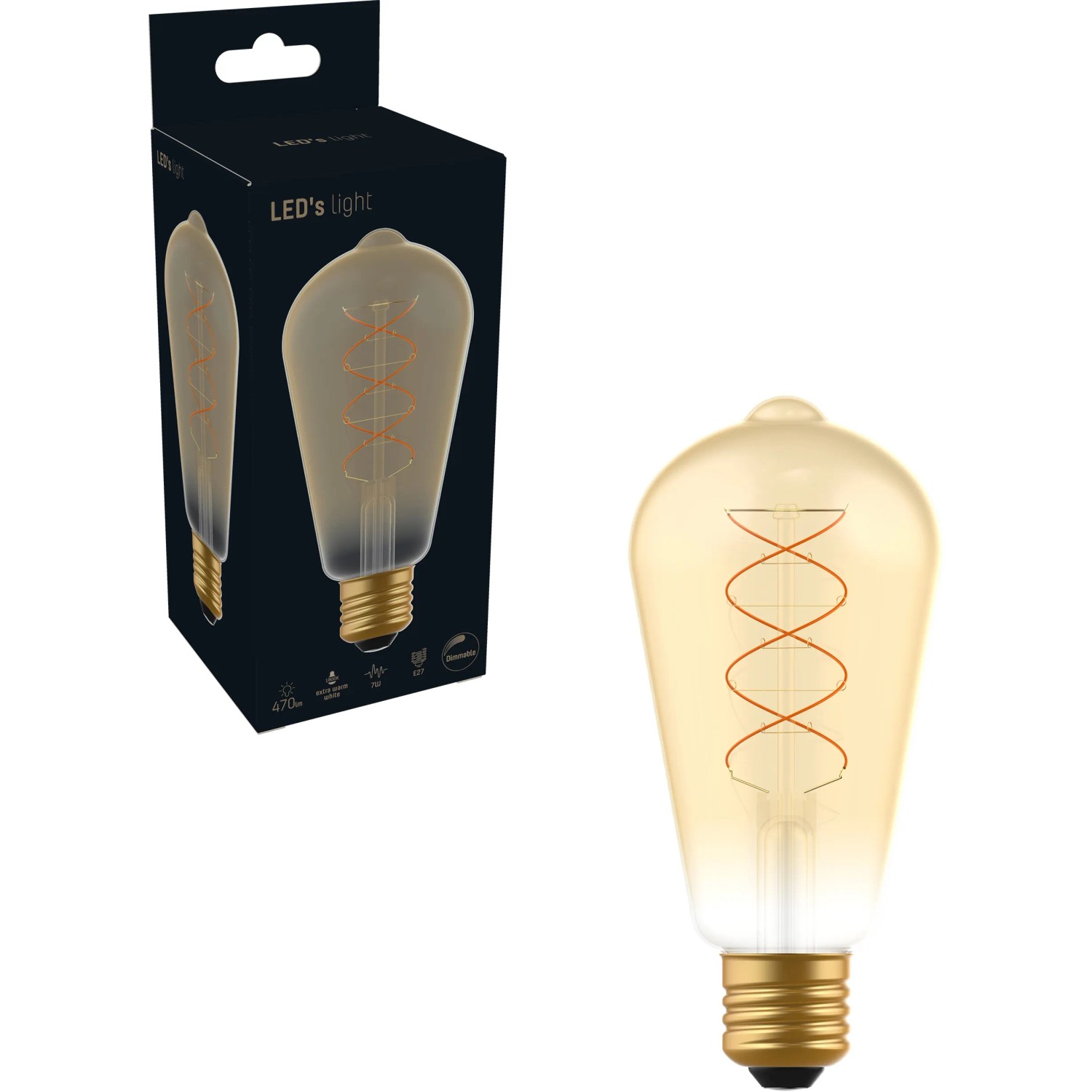 E27 LED-Leuchtmittel ST64, 4W, extra warmweiß, mit dekorativem Glühfaden und Produktverpackung.