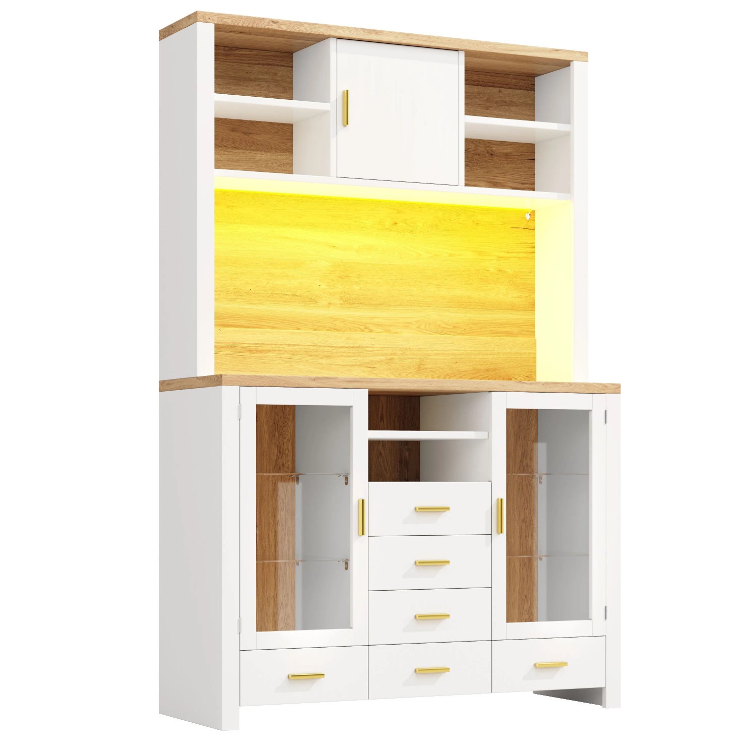Merax Buffetschrank 120x40x188cm  LED  4 Türen  6 Schubladen  Holzoptik Weiß