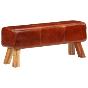 Braune vidaXL Sitzbank im Turnbock-Design, Echtleder und Mangoholz, 110 cm breit.