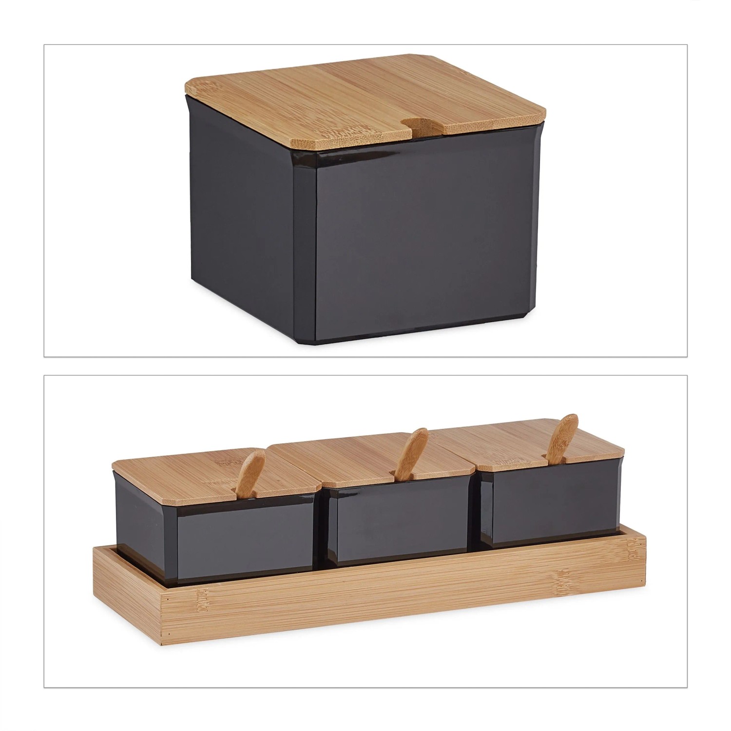 Relaxdays Gewürzbehälter Set Bambus Kunststoff Schwarz Mit Löffel und Deckel 11 cm x 30 cm x 13 cm 0,6 kg