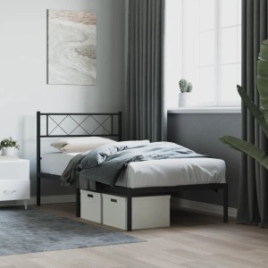 Schwarzes Metallbettgestell 90x190 cm mit Kopfteil und Stauraum unter dem Bett.