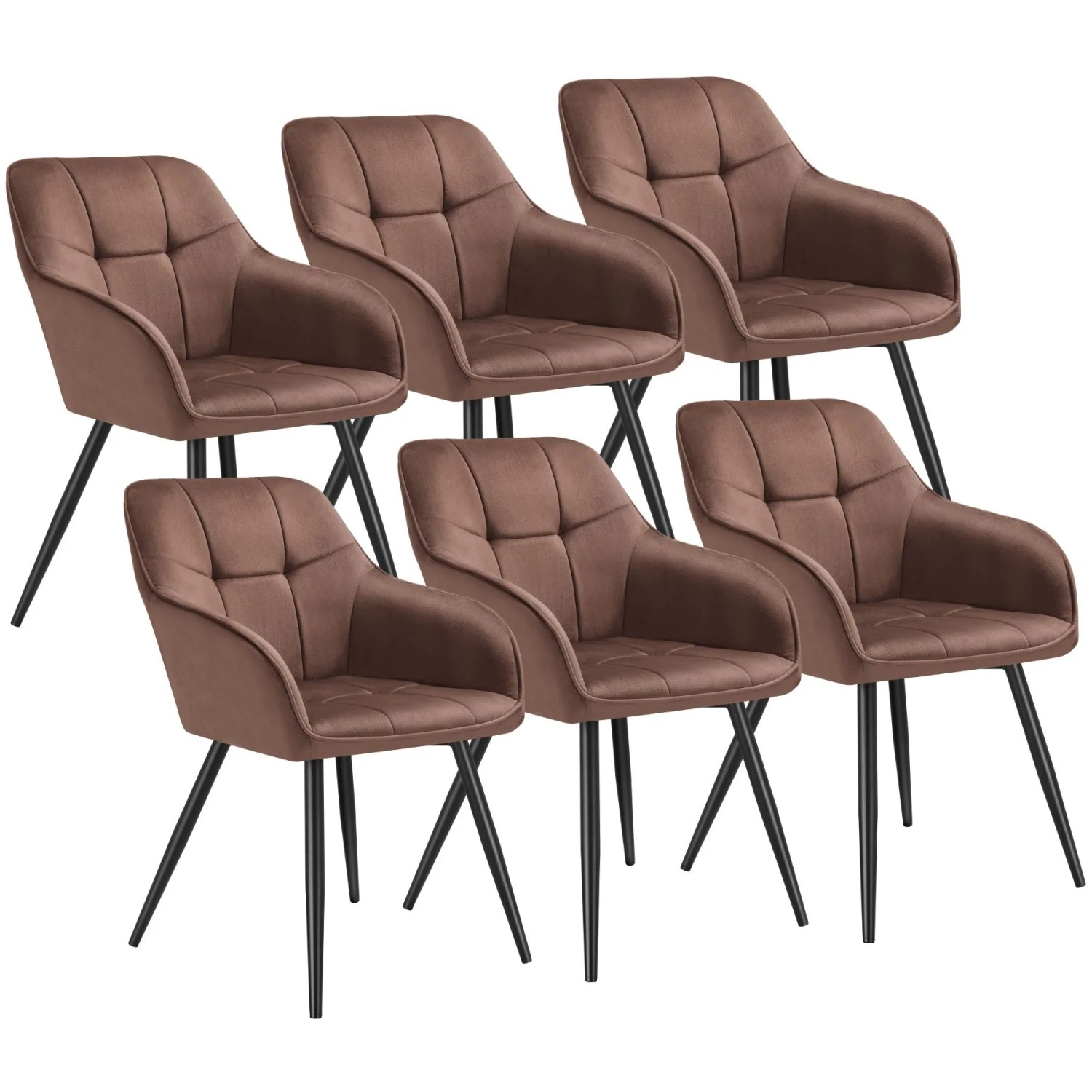 Tectake Esszimmerstuhl Marilyn Gepolstert  In Samtoptik  Gesteppt Durchgehende Lehne 6Er Set 62 x 58 x 82 cm Braun Schwarz