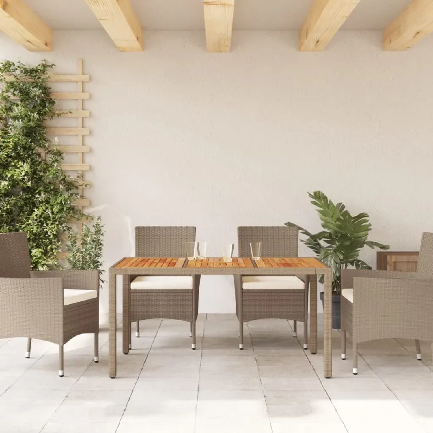 Beiger Gartentisch (150x90 cm) aus Poly Rattan und Akazienholz. Ideal für Garten, Terrasse und Balkon.