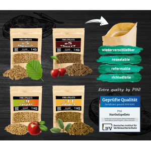 PINI Naturholzpellets Set 4x1 kg für Smoker & Räucherofen aus 4 Sorten, Buche Nr 5, Kirsche Nr 8, Apfel Nr 9, Erle Nr 11, Natürliches Raucharoma