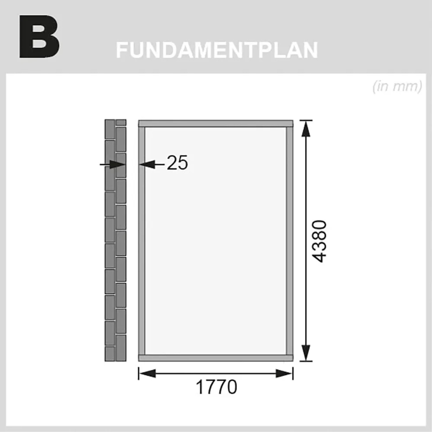 Fundamentplan für Karibu Holz-Gartenhaus Kristiansund, Maße: 1770 x 4380 mm.