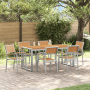 7-teiliges Garten-Esszimmer-Set aus Akazienholz und Metall auf einer Terrasse.