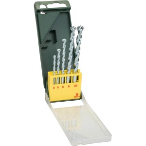 Bosch Steinbohrer-Set Promoline, 5-teilig im grünen Kasten mit gelbem Bohrerhalter.