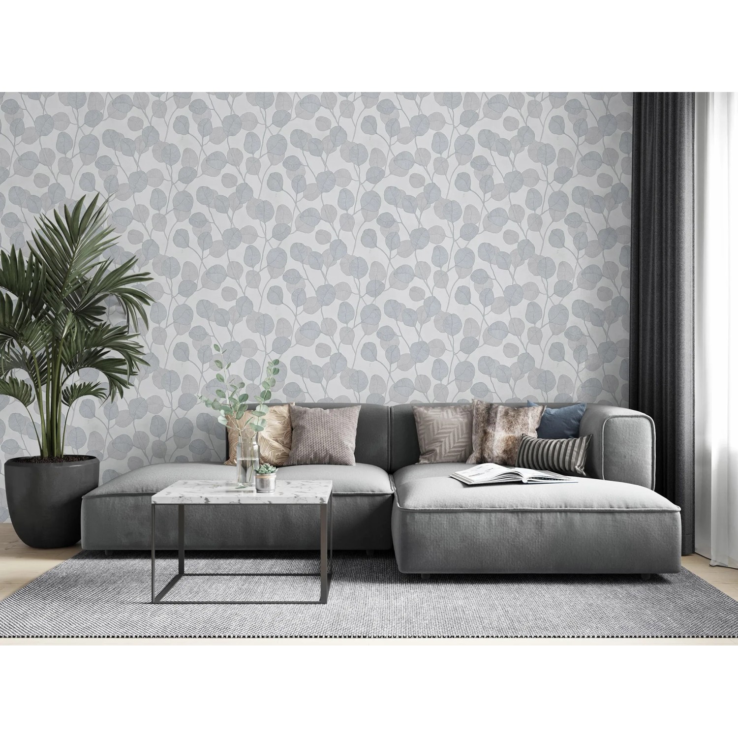 Wohnzimmer mit weißer Marburg Vliestapete GZSZ mit floralem Blattmotiv.