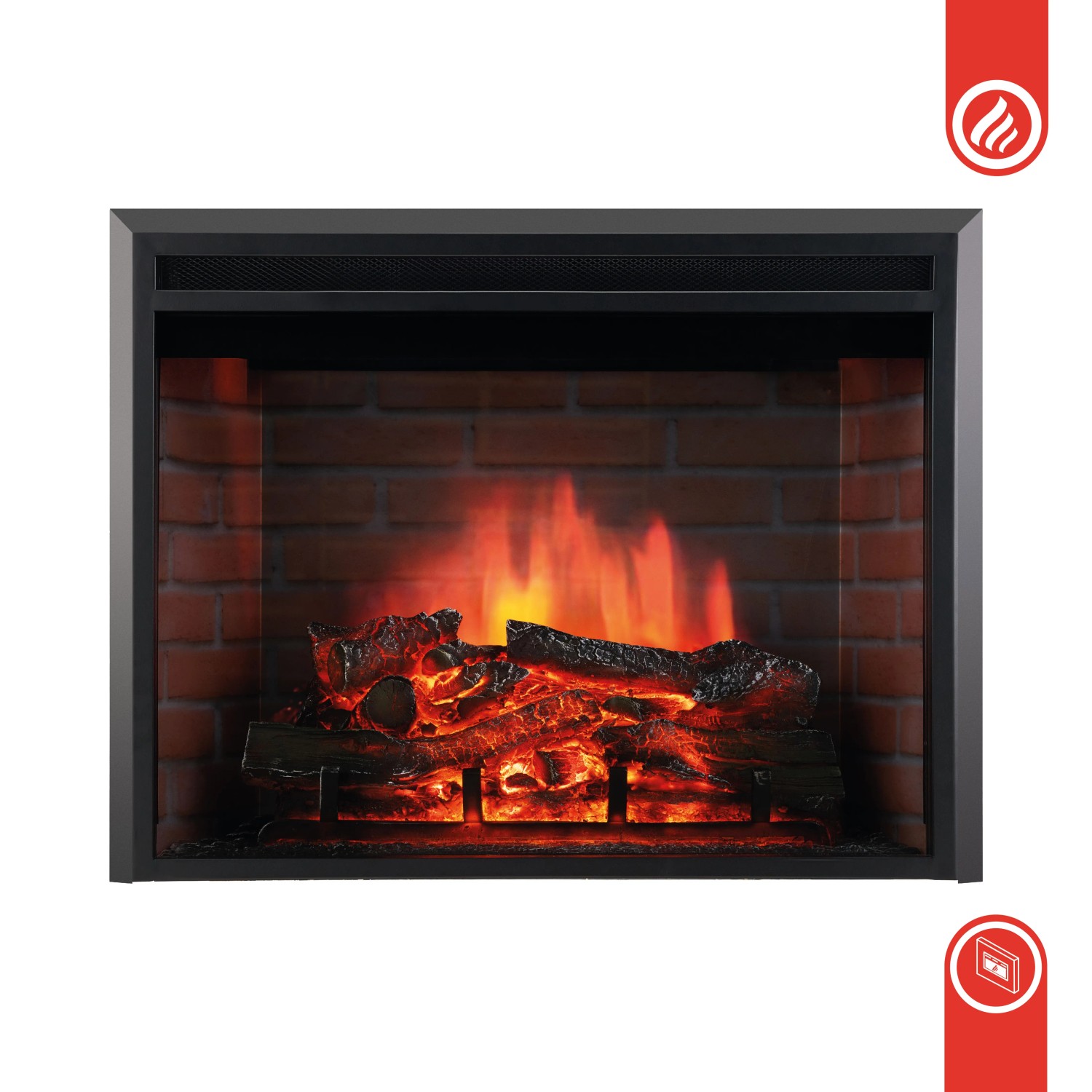 Kaminio Elektrokamin Luca mit 3D-Flammeneffekt und Heizung, Einbaukamin mit Backsteinwand.