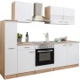 Respekta Küchenzeile KB240ESWC, 240 cm, Weiß-Eiche Glänzend, mit Elektrogeräten und viel Stauraum.