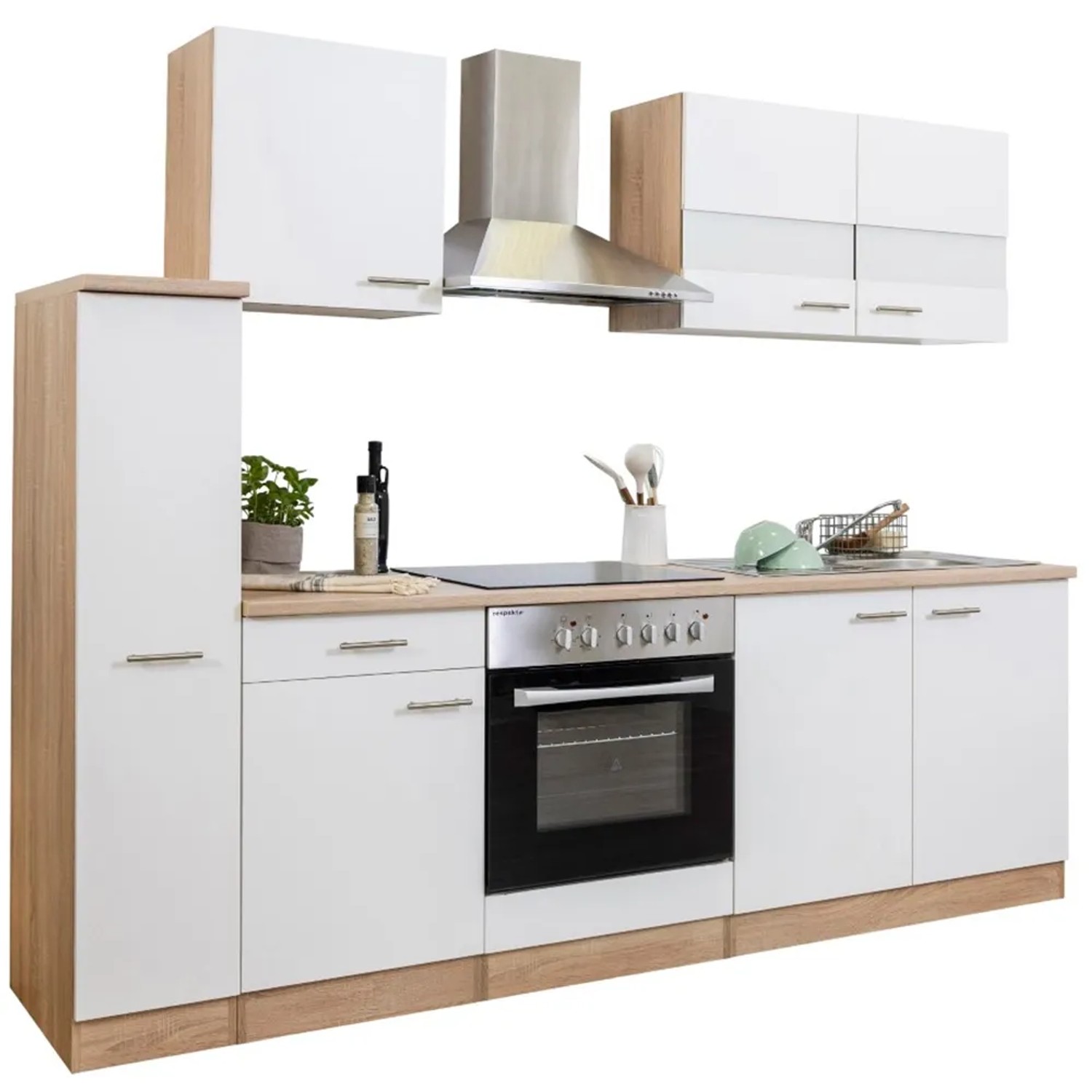 Respekta Küchenzeile KB240ESWC, 240 cm, Weiß-Eiche Glänzend, mit Elektrogeräten und viel Stauraum.