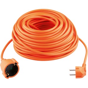 Aufgerolltes, oranges Verlängerungskabel, 30 m, für Innenbereiche.