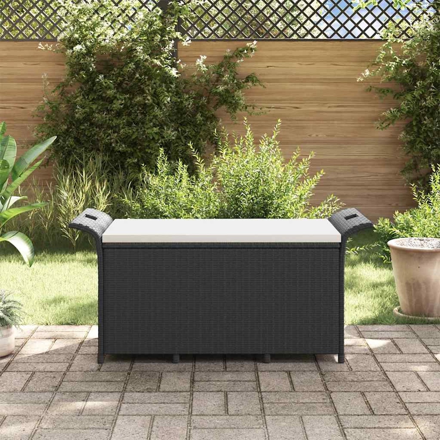 Schwarze vidaXL Gartenbank aus Rattan mit cremefarbenem Kissen, ideal für Garten und Terrasse.