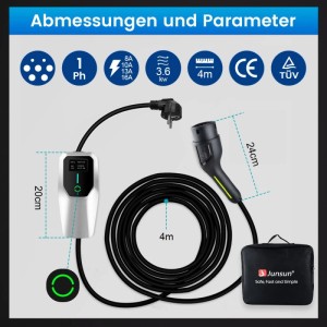 Junsun Typ 2 1P 6A To 16A 3.5Kw 4M Ev Ladegerät Mit Tasche Für TESLA VW Unter Anderem
