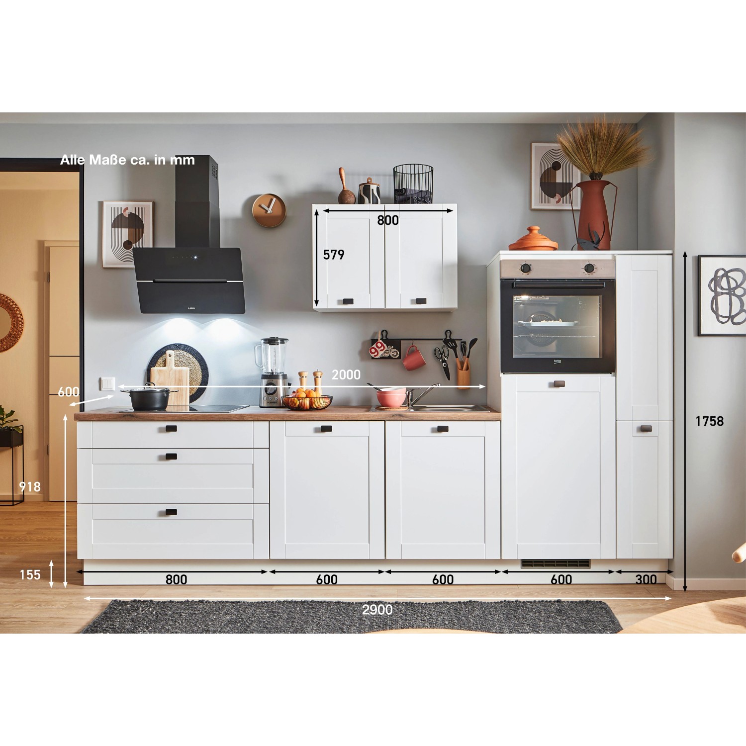 pino Küchenzeile 290 cm Weiß matt Anschlag,inks 1 Geräte-, 1 Apothekerschra günstig online kaufen