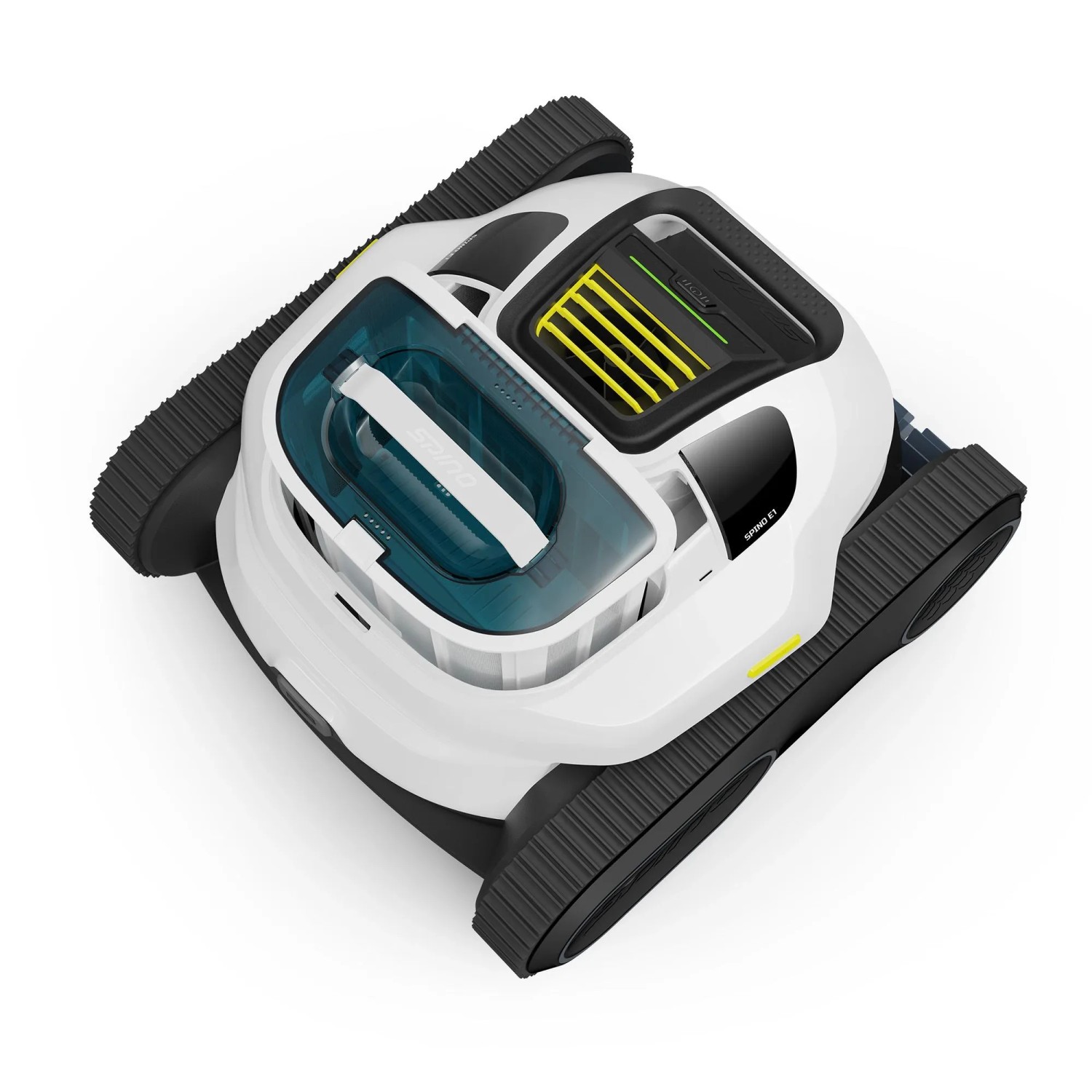 Weißer Mammotion Spino E1 Akku-Poolreinigungsroboter mit schwarzen Raupenketten, blauer Filterabdeckung und gelbem Gitter.