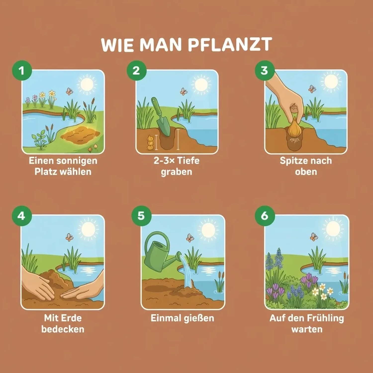 Illustrierte Anleitung zum Pflanzen von Vdvelde Aqua Bulbs Blumenzwiebeln am Teichrand: Standort, pflanzen, gießen, Blüte für Schmetterlinge.