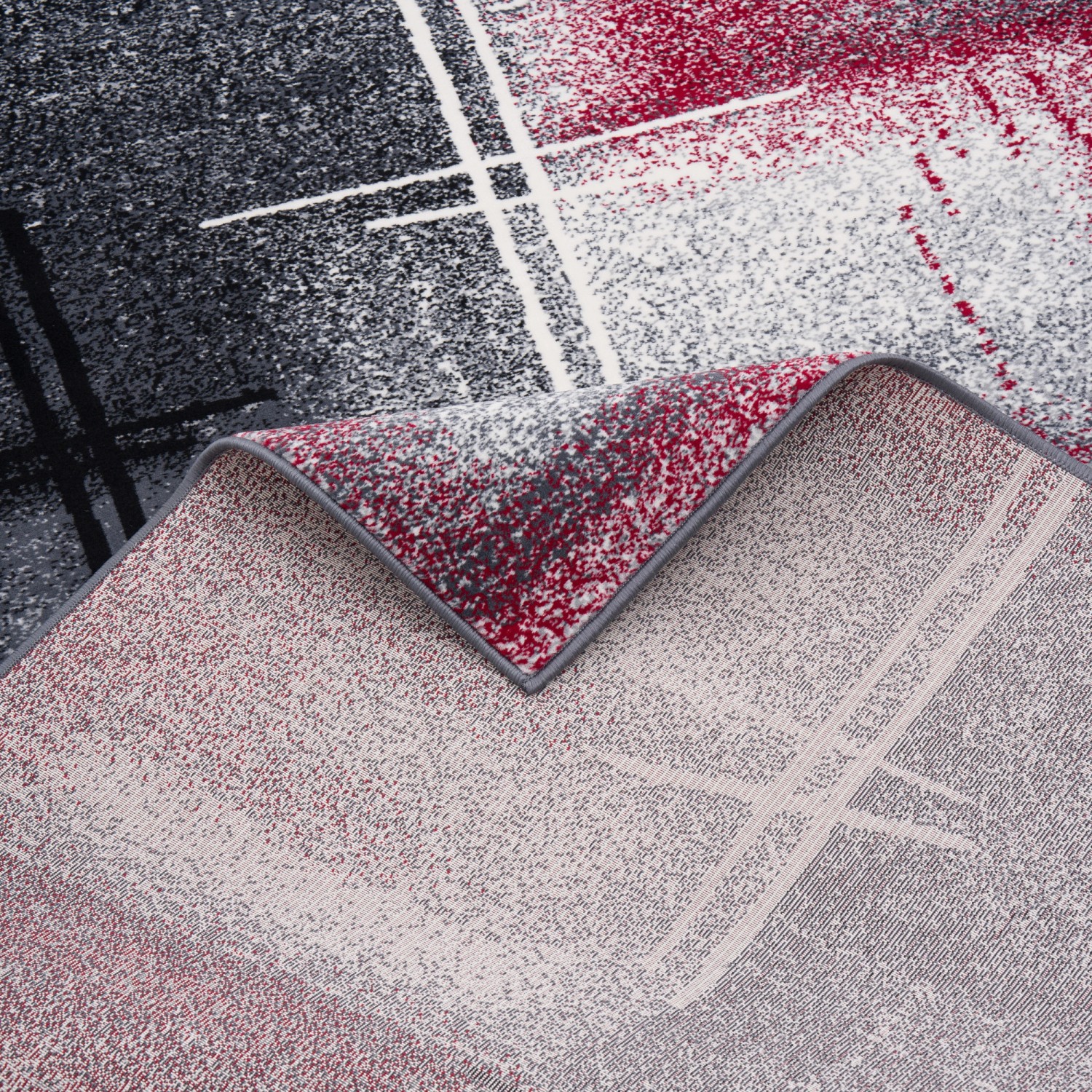 Designer Teppich Brilliant Verlauf Rot, 140x200cm. Kurzflorteppich mit modernem Muster in Rot, Grau und Weiß.