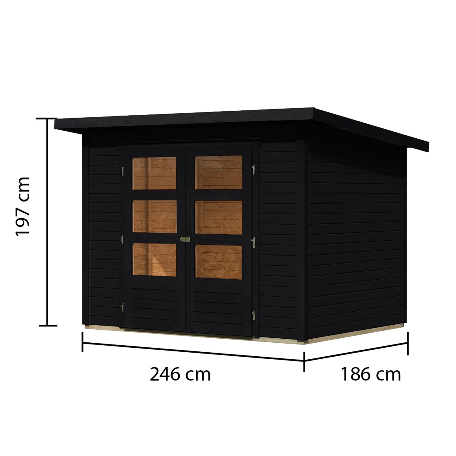 Schwarzes Karibu Gartenhaus Stockach 3 aus Holz mit Doppeltür und Fenster, Maße 197x242x182 cm.