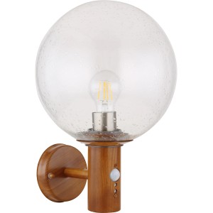 Globo Außenleuchte Ossy mit Bewegungsmelder, Holzoptik und klarem Glas.