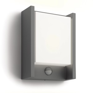 Anthrazitfarbene LED-Außenwandleuchte Arbour mit Sensor, 22x16,5x7,5 cm. Energiesparende Beleuchtung für den Außenbereich.