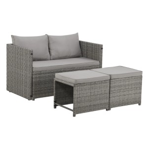 Graue Svita Athina Polyrattan Sitzgruppe für Outdoor. Gartenmöbel Set mit Sofa, zwei Hockern und grauen Kissen für Balkon.