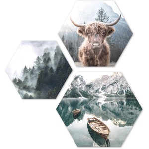 Pro Art Bildkacheln Cut-Out Forest Lake Atmosphere, 3er Set mit Wald, See und Hochlandrind Motiven.