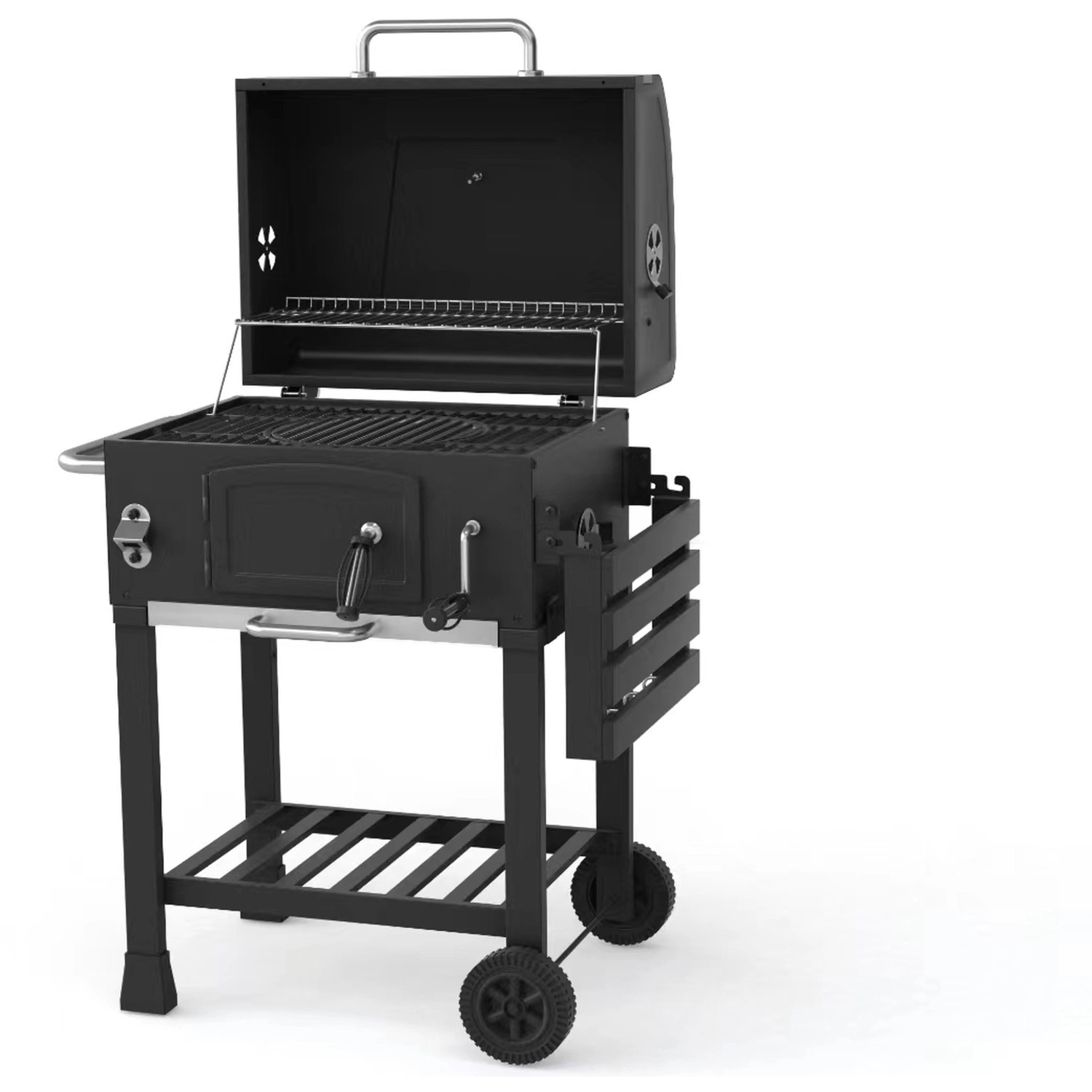 Schwarzer El Fuego Holzkohlegrill Calgary mit offenem Deckel, Thermometer und Ablage.