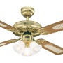 Westinghouse Deckenventilator Monarch Trio mit Beleuchtung, poliertem Messinggehäuse und Holzflügeln.
