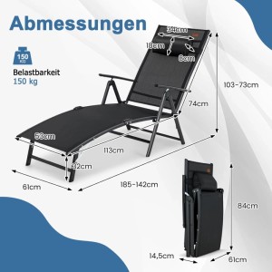 Costway Sonnenliege, klappbar, schwarz, mit Maßen. Ideal für Garten und Terrasse.